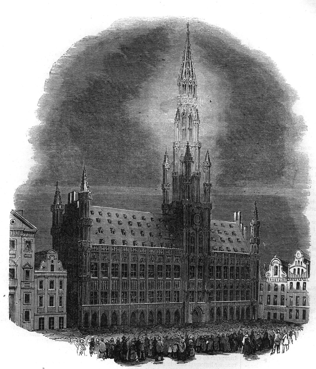 1864年9月26日、オランダの支配からベルギーを解放した戦いの記念日に、ブリュッセル市庁舎に設置されたイルミネーション。M.D.A.によるスケッチより。"The Illustrous Universe "に掲載されているエングレーヴィング。 作： フランス語学校