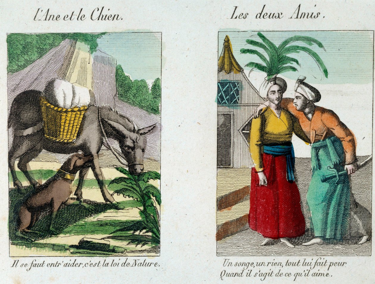 ジャン・ド・ラ・フォンテーヌ（1621-1695）の寓話の挿絵：左「ロバと犬」、右「Les deux amis」 19世紀のエングレーヴィング。ラ・フォンテーヌ美術館、シャトー・ティエリー 作： フランス語学校
