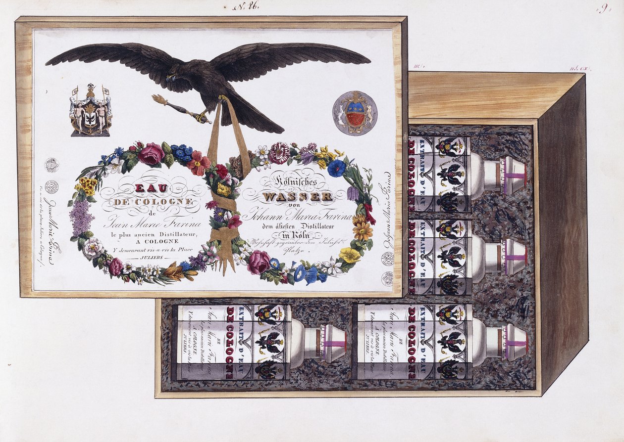 オーデコロンのパッケージのイラスト、1825年頃（水彩とボディカラー） 作： フランス語学校