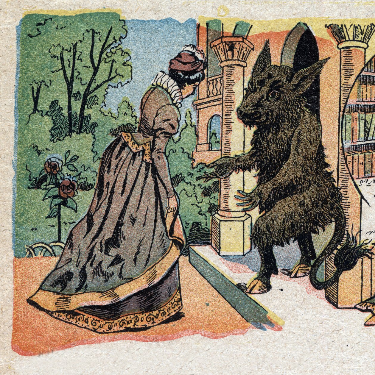 物語「La Belle et la Bete」の挿絵：美しい者がBeteの城に到着する。クインのイメージのエングレービング、1890年頃。 作： フランス語学校