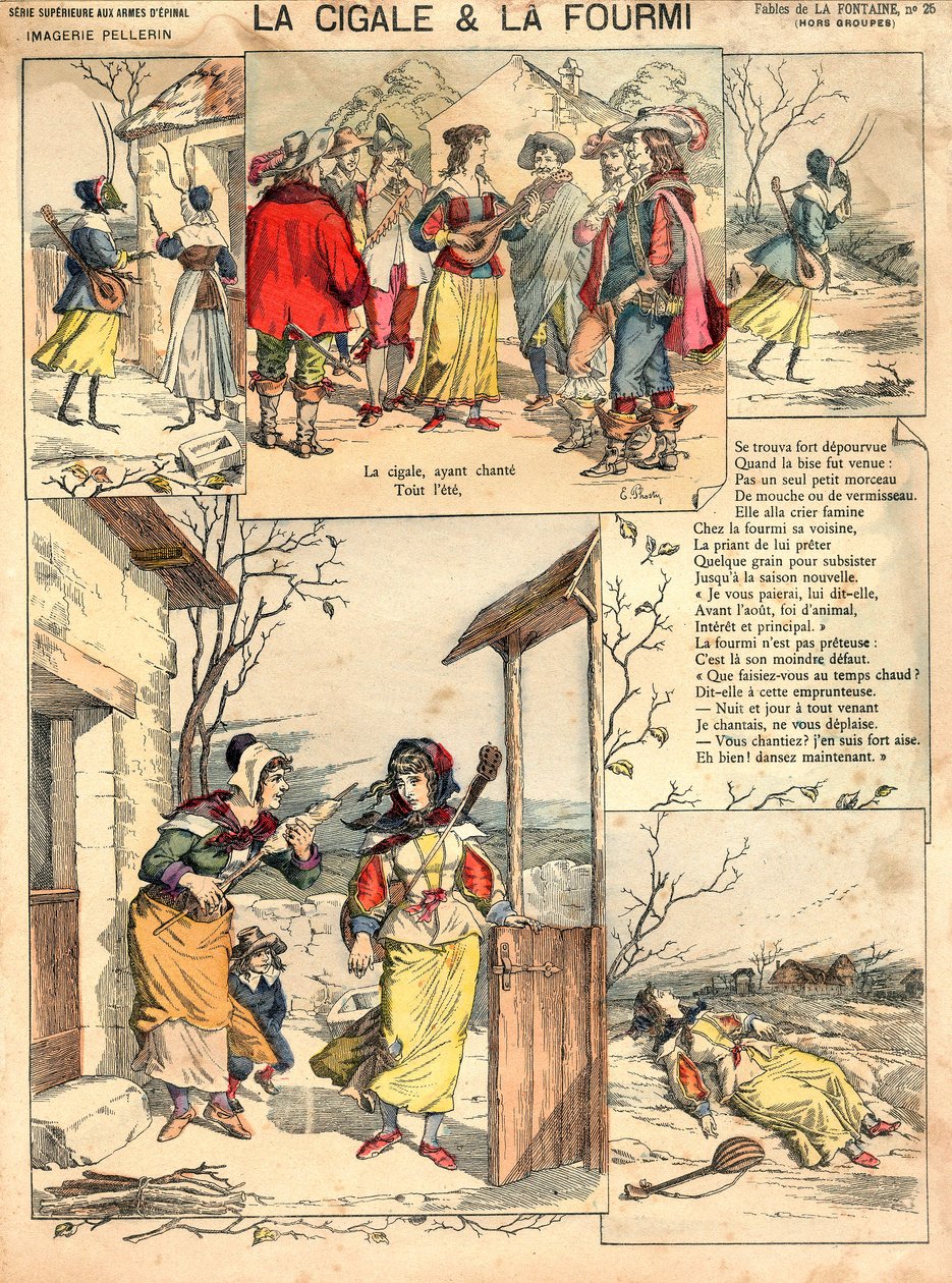 ラ.フォンティーヌ　「セミとアリ」 ラ・フォンテーヌの寓話『蝉と蟻』の挿絵、エングレーヴィング、1890年頃
