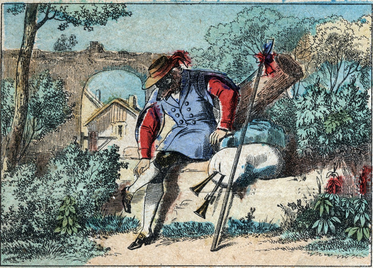 ジャン・ド・ラ・フォンテーヌ（1621-1695）の寓話「オオカミは羊飼いになった」のイラスト。19世紀後半のエピナル・イメージング。 作： フランス語学校