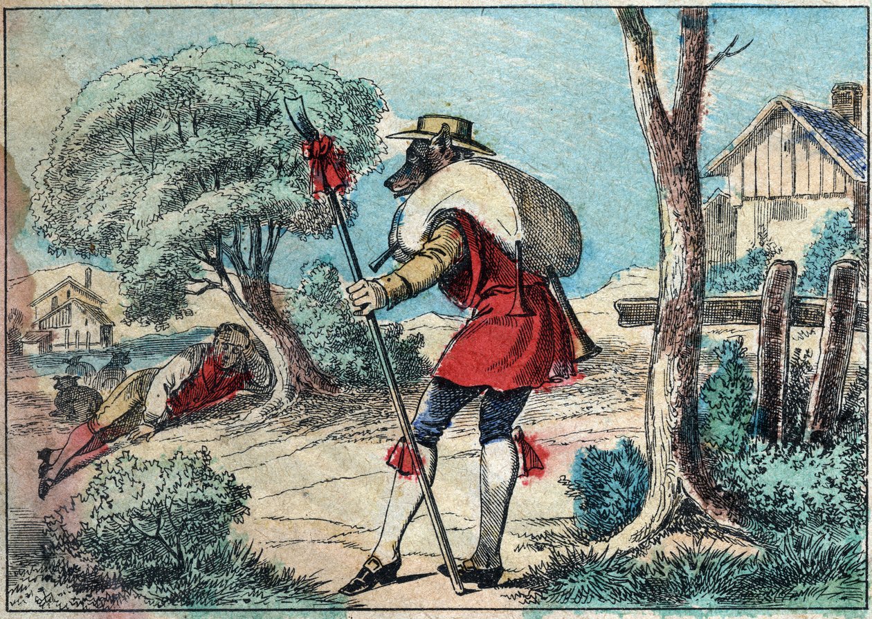 ジャン・ド・ラ・フォンテーヌ（1621-1695）の寓話「オオカミは羊飼いになった」のイラスト。19世紀後半のエピナル・イメージング。 作： フランス語学校