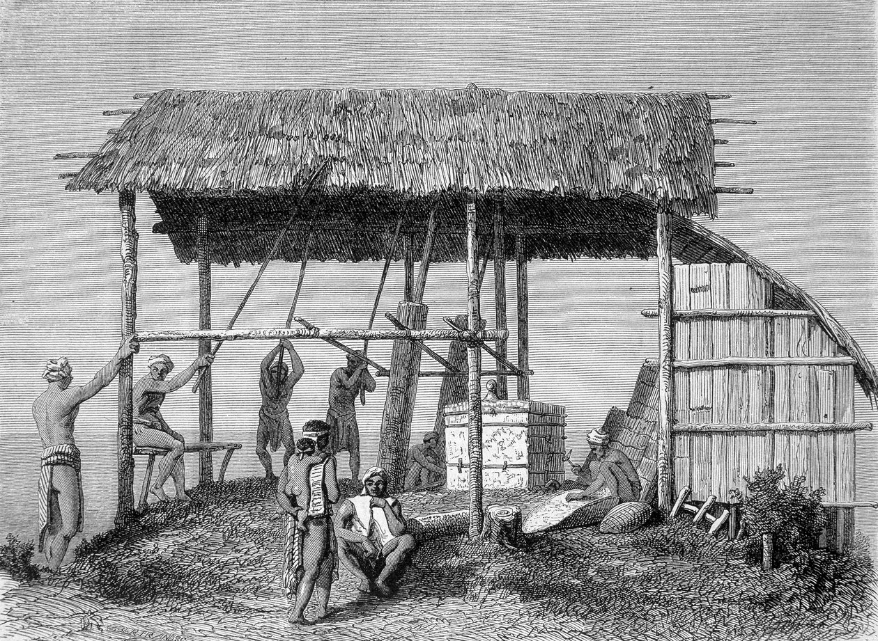 1862年に出版された「Le Tour du monde」に掲載されたボルネオ島のダヤック族の鍛冶屋を描いたイラスト。エングレーヴィングです。 作： フランス語学校
