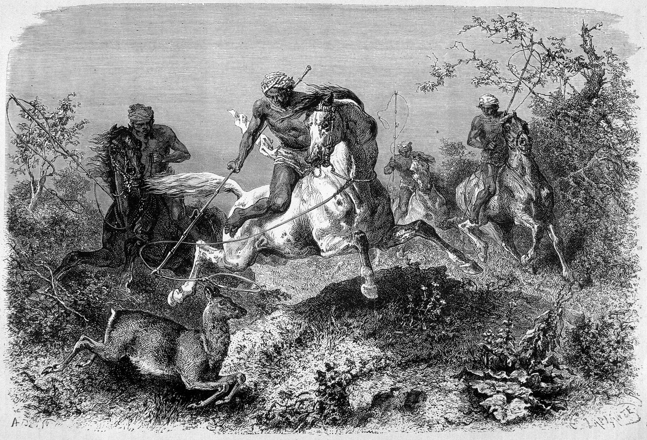 1870年から1871年にかけて出版された「Le Tour du monde」に掲載された、ボルネオ島で狩りをするディヤックを描いたイラスト。エングレーヴィングです。 作： フランス語学校