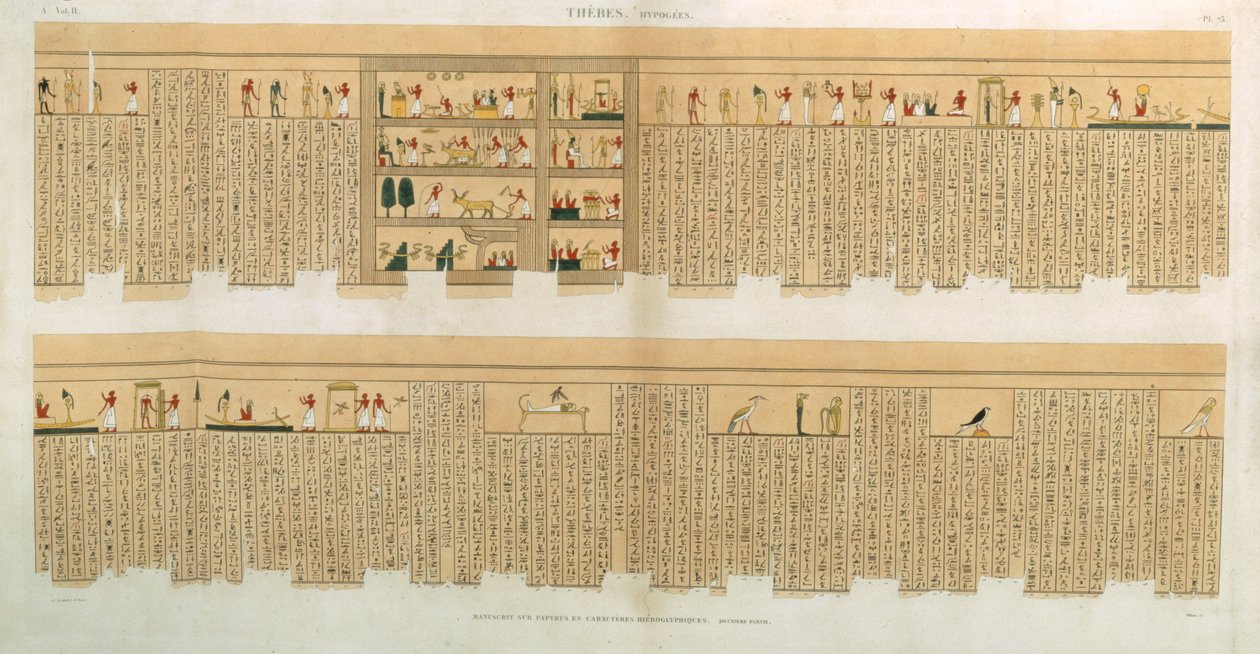 ウィレミンによって出版された、「エジプトの説明」の第II巻の象形文字、ハイポギース、テーベ、プレート75のパンプス写本のイラスト、パブ。 1822（アクアチント） 作： フランス語学校