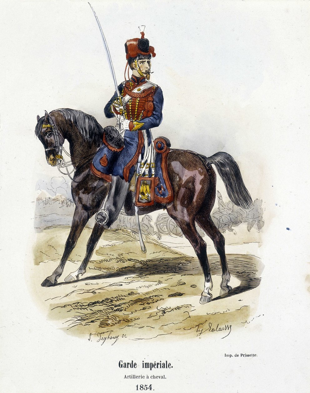 帝国軍。1854年の馬上の砲兵-A.バルビエ著「軍隊の歴史」より 作： フランス語学校