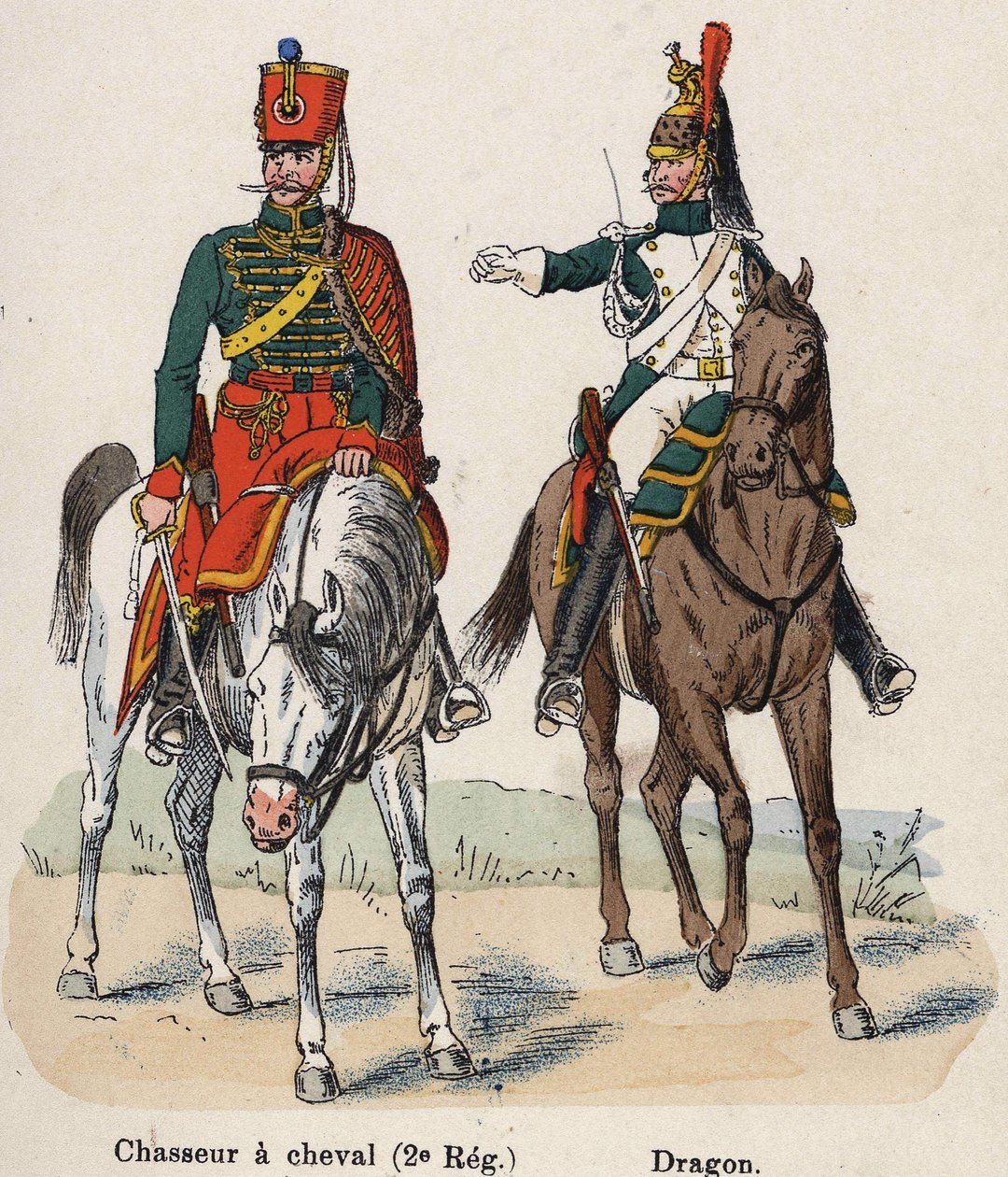 帝国軍ナポレオン1世：馬上の狩人（第2連隊）とドラゴン。Lienhart and Humbert著『Les Uniforms de l