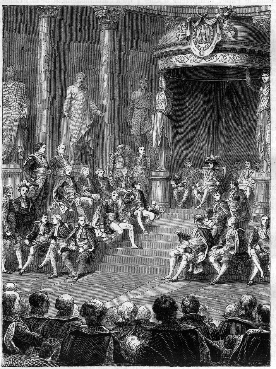 元老院での皇帝会議：1805年のイタリア新王国の憲法についてのナポレオンの演説-アドルフ・ティエールの「領事の歴史と付随する帝国の歴史」に収録-1879年-個人蔵 作： フランス語学校
