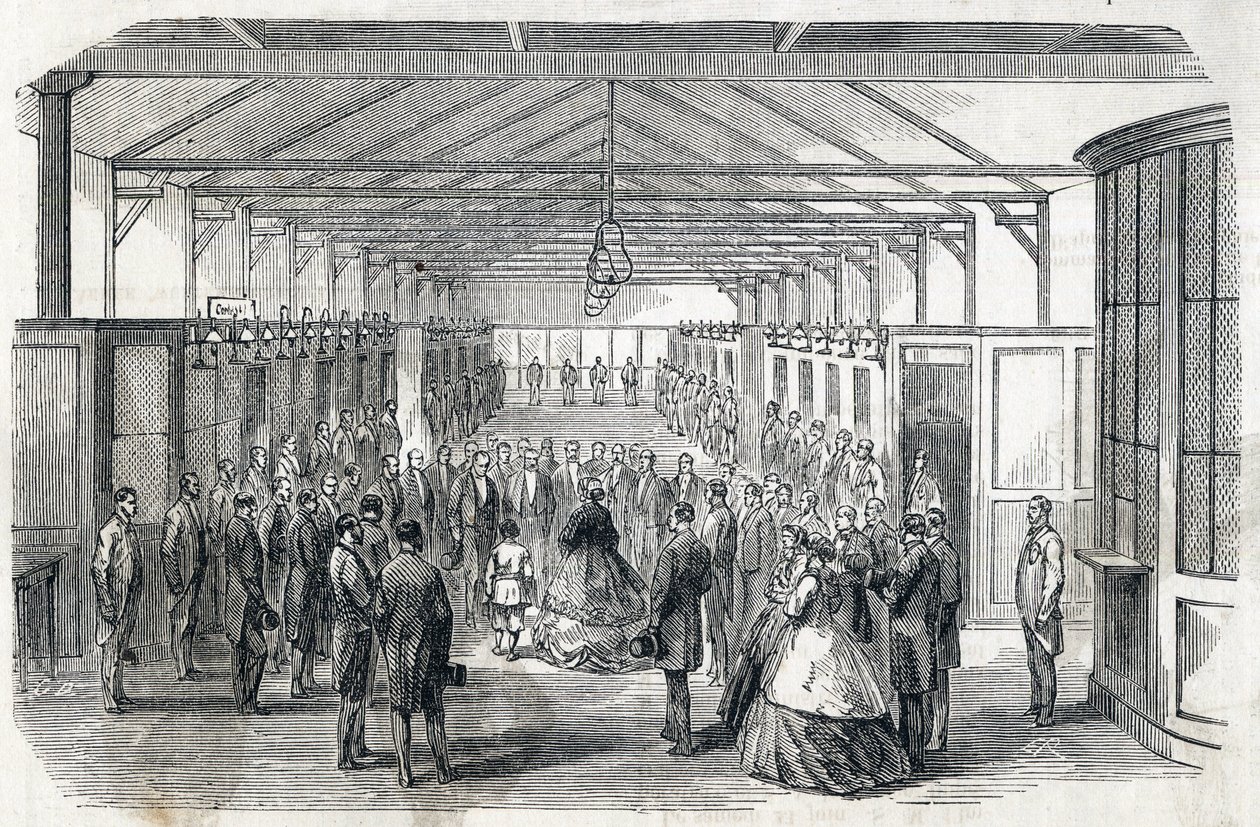 ウジェニーと皇太子がフランス銀行を訪れた1866年6月23日 - - Le MONDE Illustrous DU 07/07/1866に掲載された刻印 作： フランス語学校