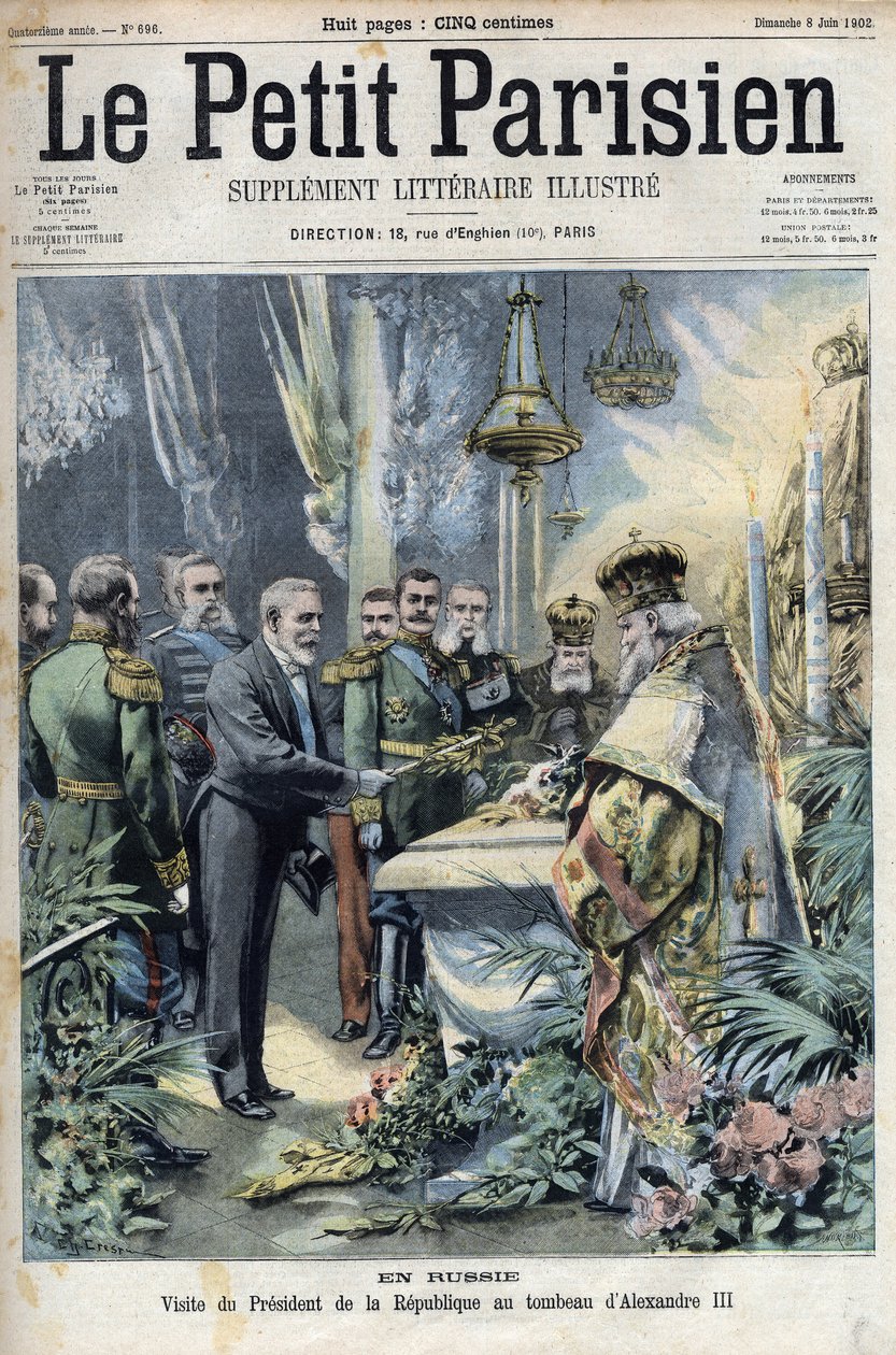 ロシア：エミール・ルベ大統領（1838-1929）がロシア皇帝アレクサンドル3世（1845-1894）の墓を訪問（「Le petit Parisien」掲載 作： フランス語学校