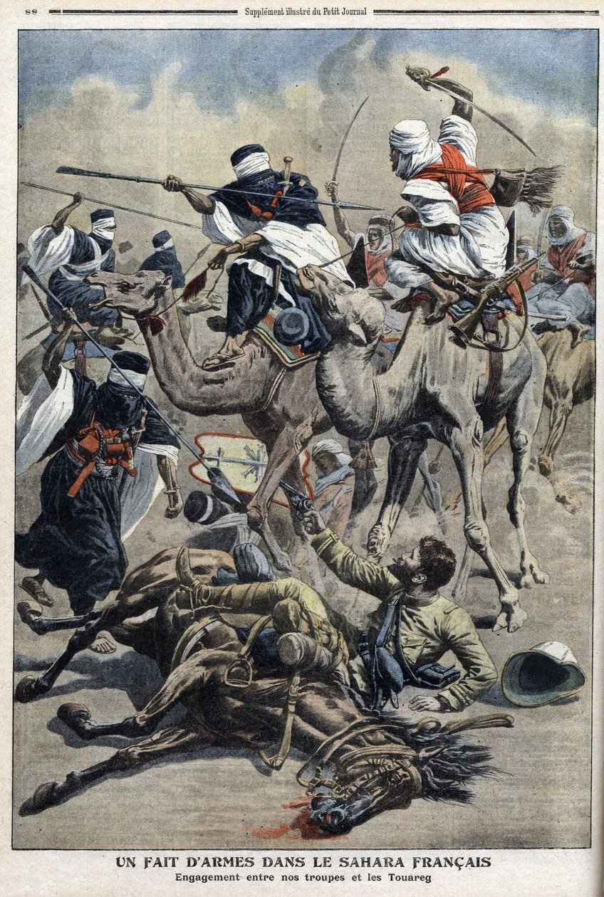 イギリスのサハラ砂漠で、フランス軍のサンドトゥーアレグとの戦い（新聞「Le Petit Journal」3月17日付のイラスト 作： フランス語学校