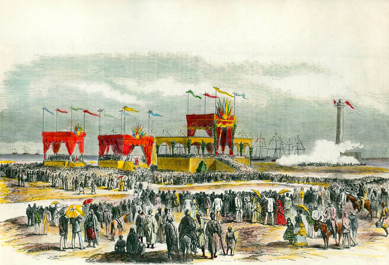 1869年、エジプトのスエズ運河開通式。ポートサイドで「テ・デウム」を歌う。紅海と地中海を結ぶために作られた運河である。 作： フランス語学校