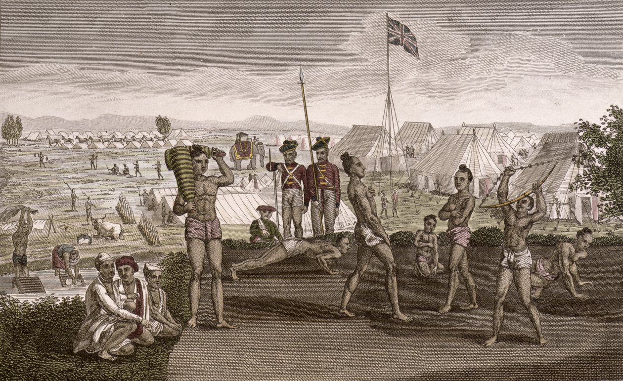 1810年頃のイギリス居住者のキャンプを眺めて運動するインドの戦士 作： フランス語学校