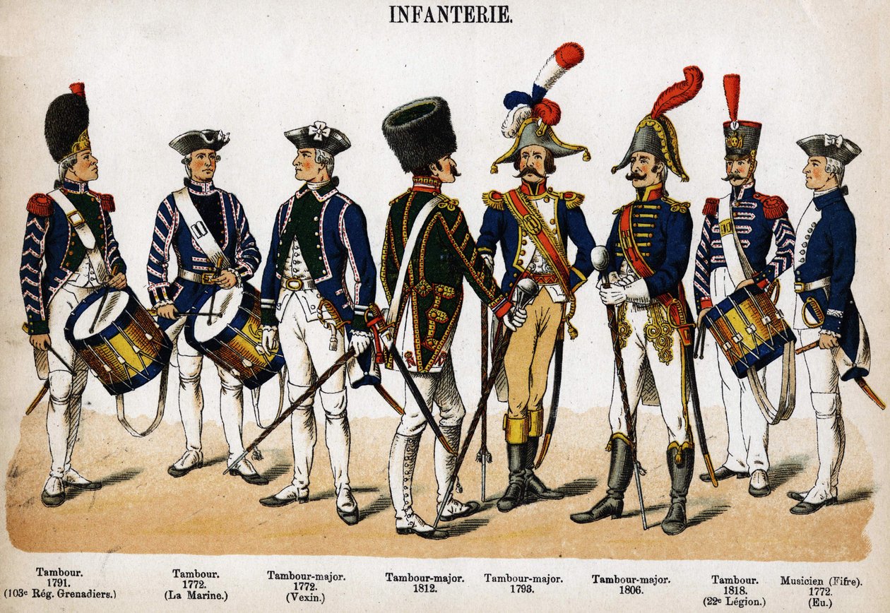 歩兵。1772年から1818年までのドラム、ドラムメジャー、音楽隊。Lienhart and Humbert著『Les Uniforms de l