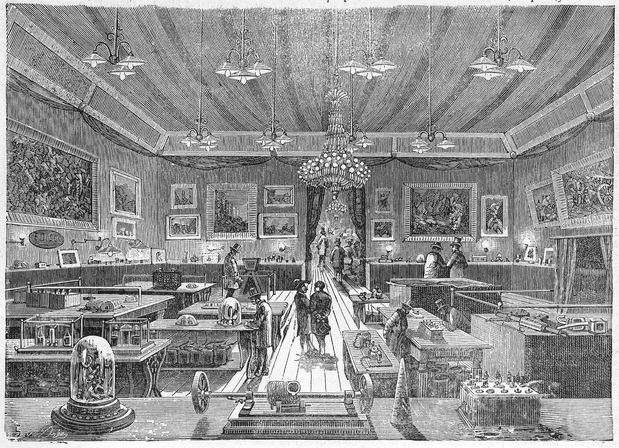 1881年の電気博覧会の際のパリ産業見本市の内部（1885年頃の出版物）（エングレーヴィング 作： フランス語学校