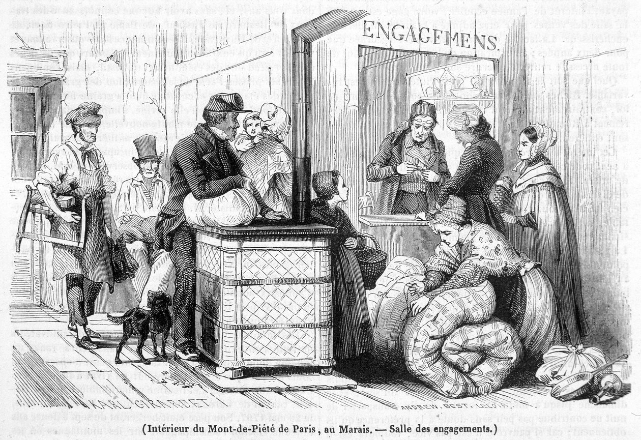 パリ、マレ地区のモン・ド・ピエテの内部：婚約披露の場-1842年6月「Le Magasin picturesque」第6号掲載 作： フランス語学校