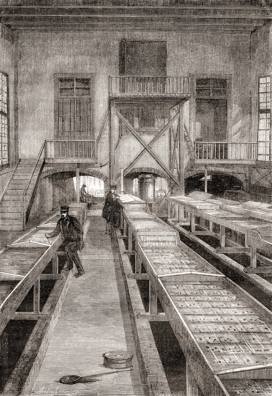 19世紀のフランス、フニンゲの養魚場の内部（1870年頃に出版された『Les Merveilles de la Science』より）（エングレーヴィング 作： フランス語学校