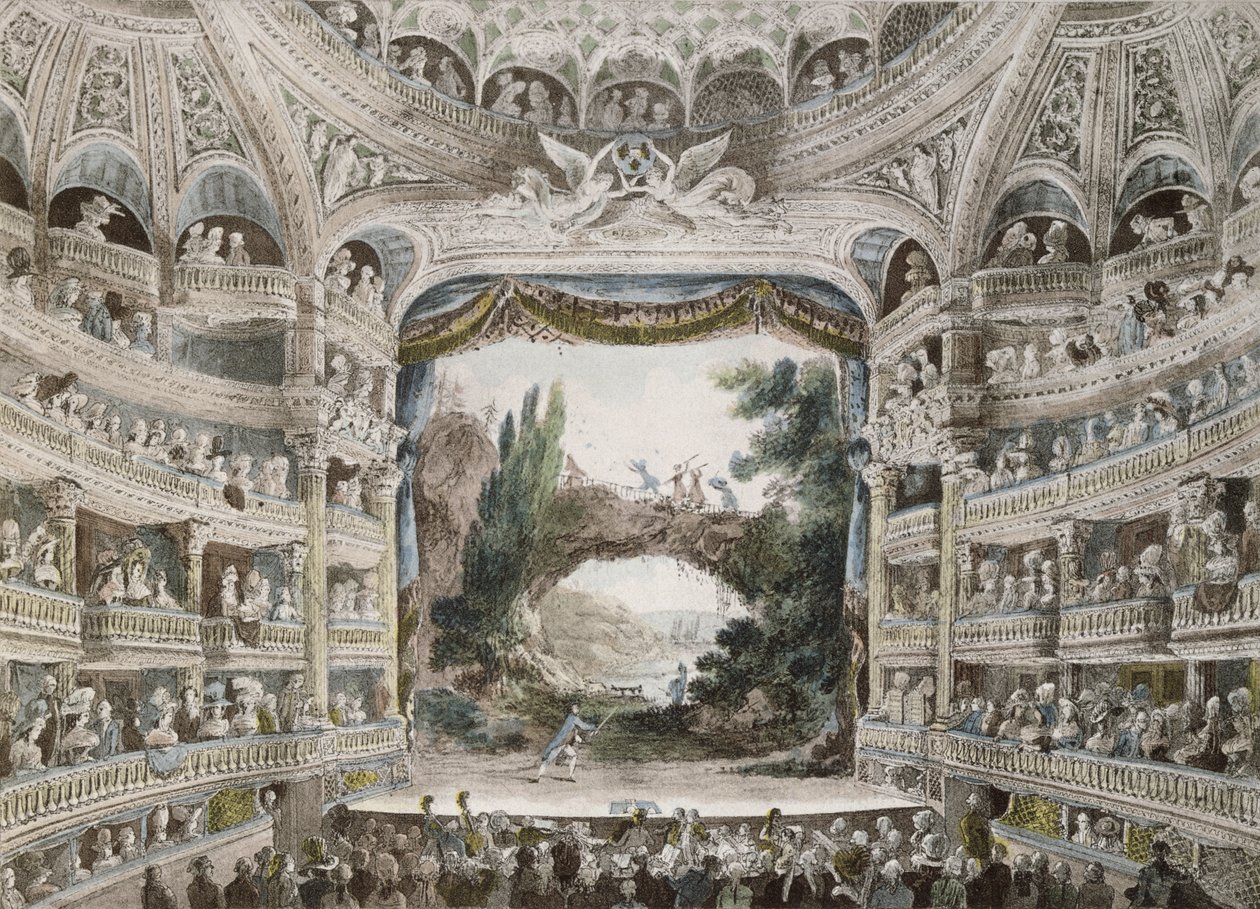 オリジナルの水彩画の後、1791年にコメディフランセーズ劇場の内部 作： フランス語学校