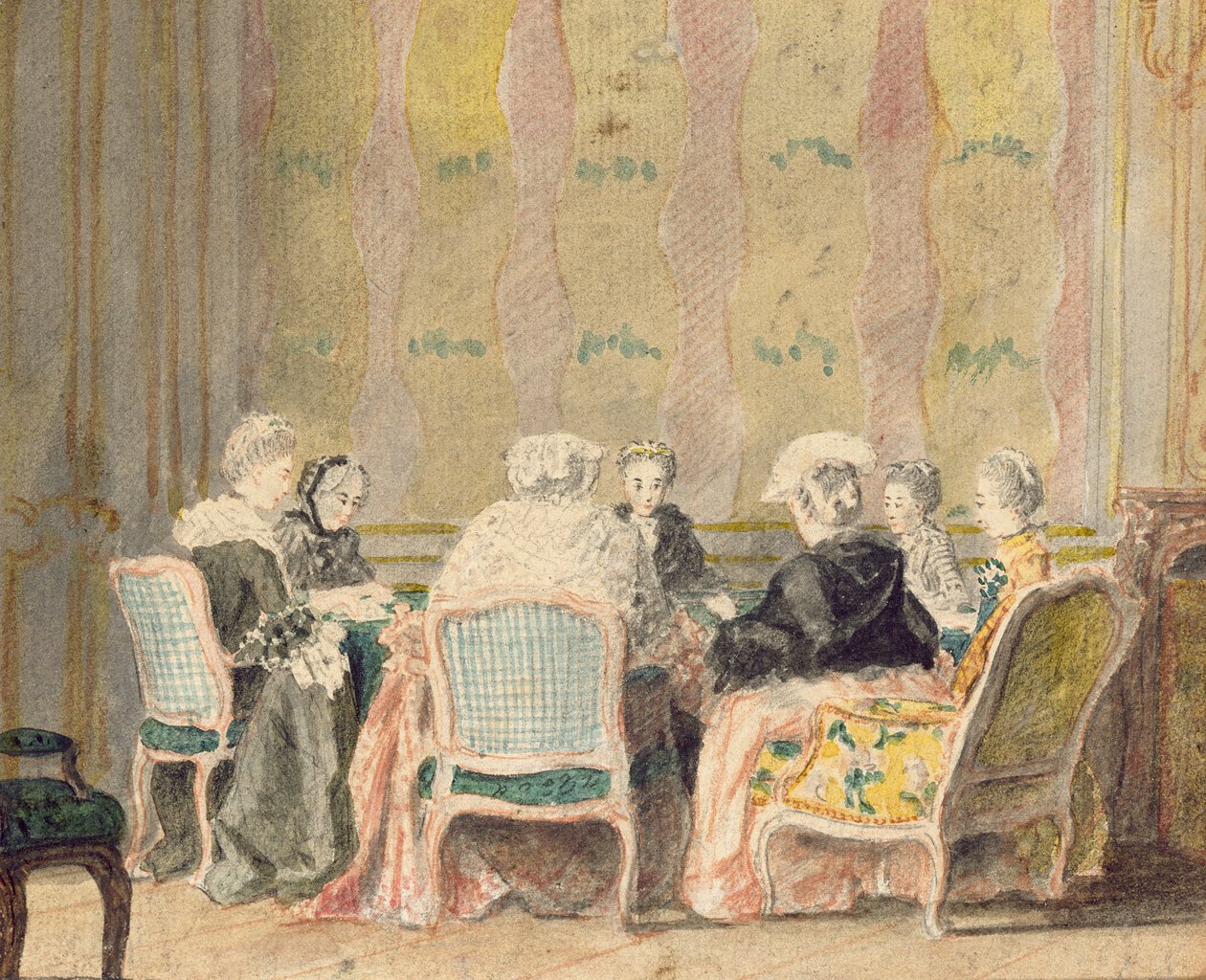 レディーストランプのあるインテリア、1770年（紙にトイレ） 作： フランス語学校