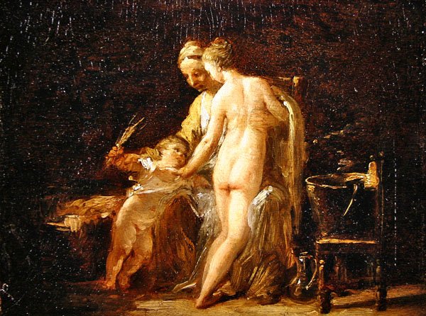 水浴する婦人のいる室内」1800年頃（パネルに油彩 作： フランス語学校