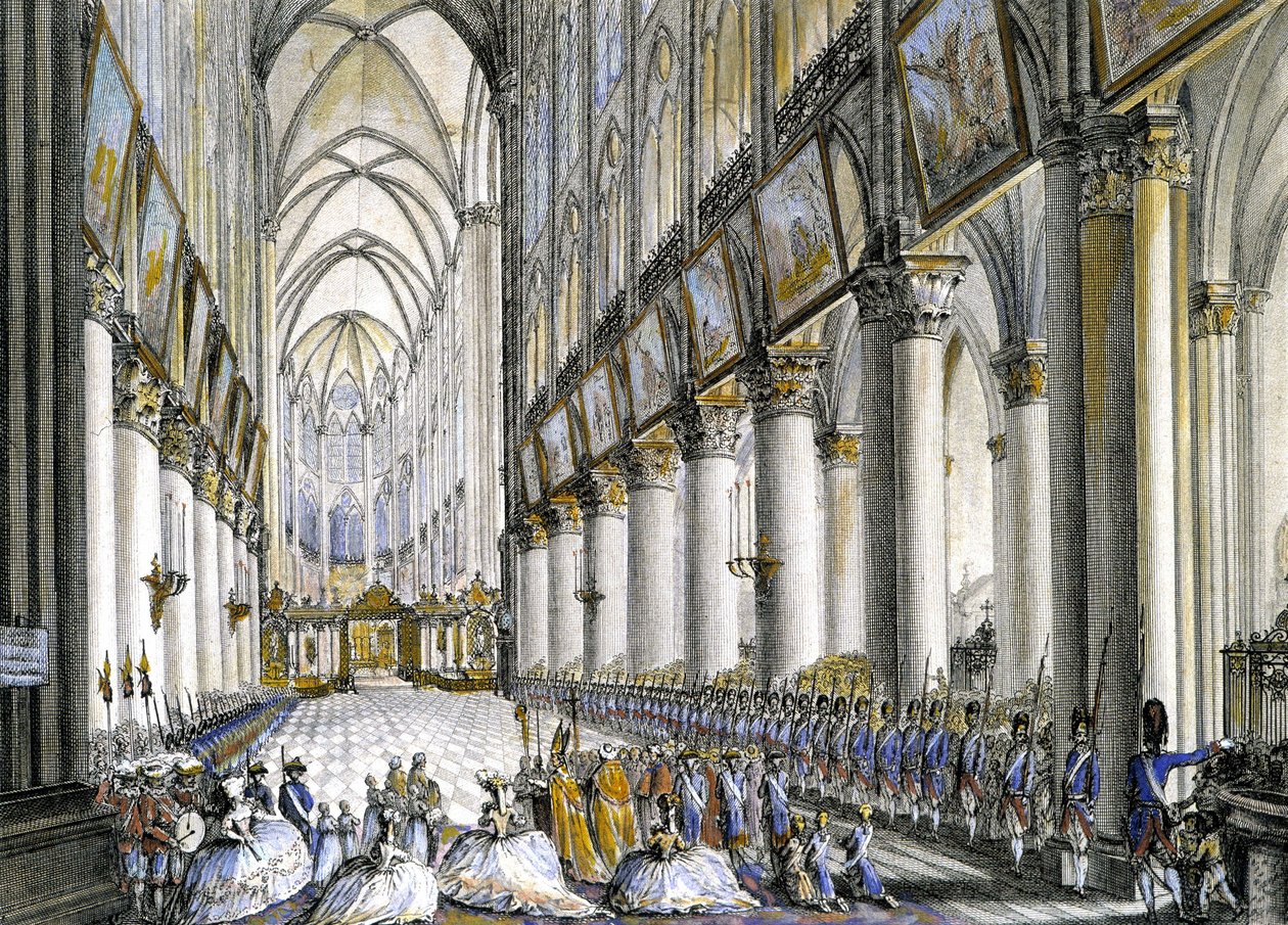 フランス王妃マリー・アントワネット（1755-1793）が、息子のルイ17世（1785-1795）の誕生を祝う有名なミサに出席するために到着した時の、パリのノートルダム寺院の内観。18世紀のエングレーヴィング。 作： フランス語学校