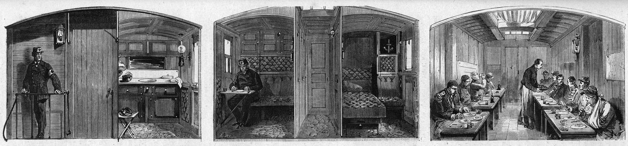 フランスのSociete de secours aux wesses militairesの医療列車の医療ワゴンと食堂ワゴンの内観。1873年6月28日付の "Le Monde Illustré "846号に掲載された図版。 作： フランス語学校