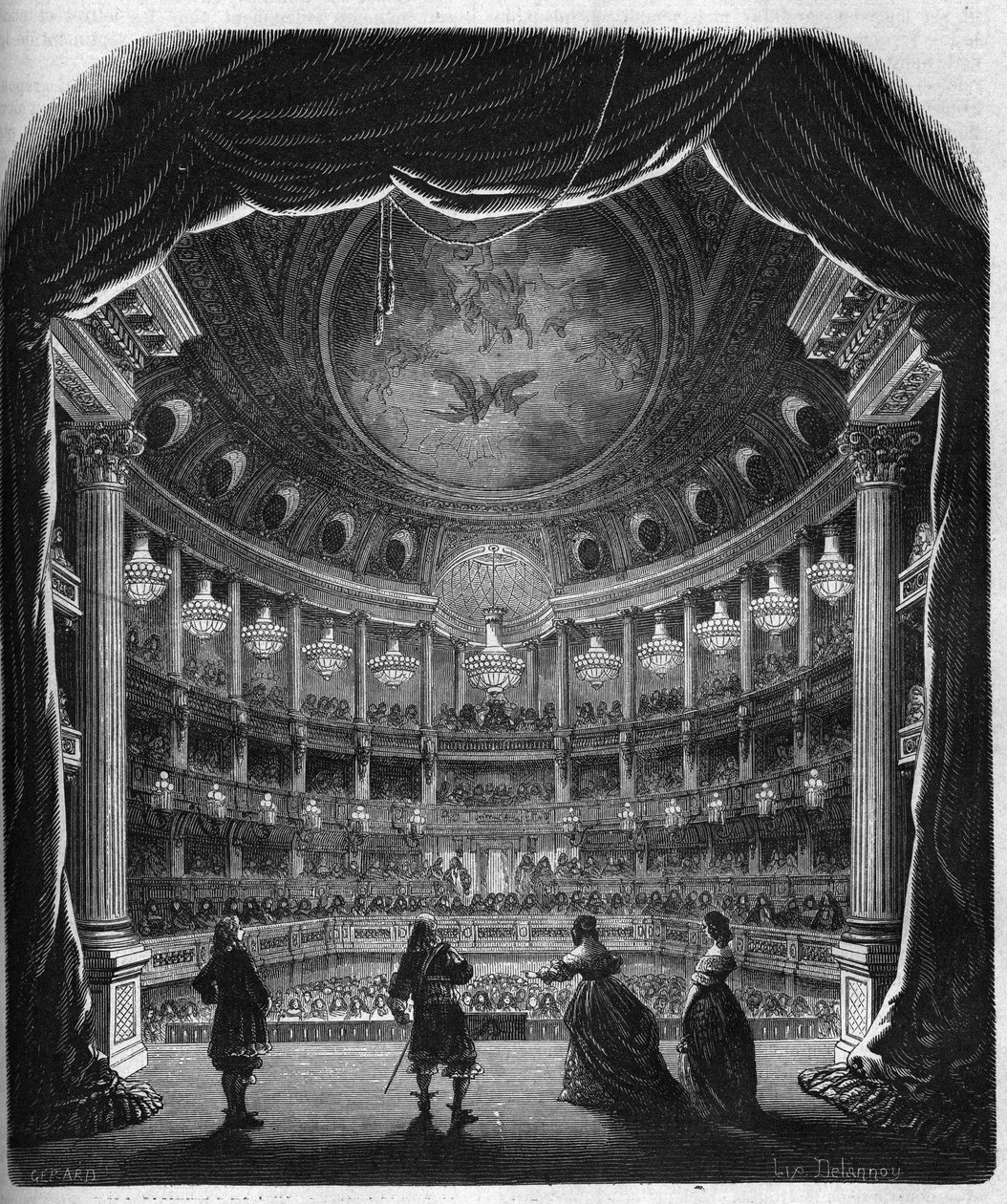 ヴェルサイユ城の劇場の内観。1867年から1868年にかけてのエングレーヴィング。 作： フランス語学校