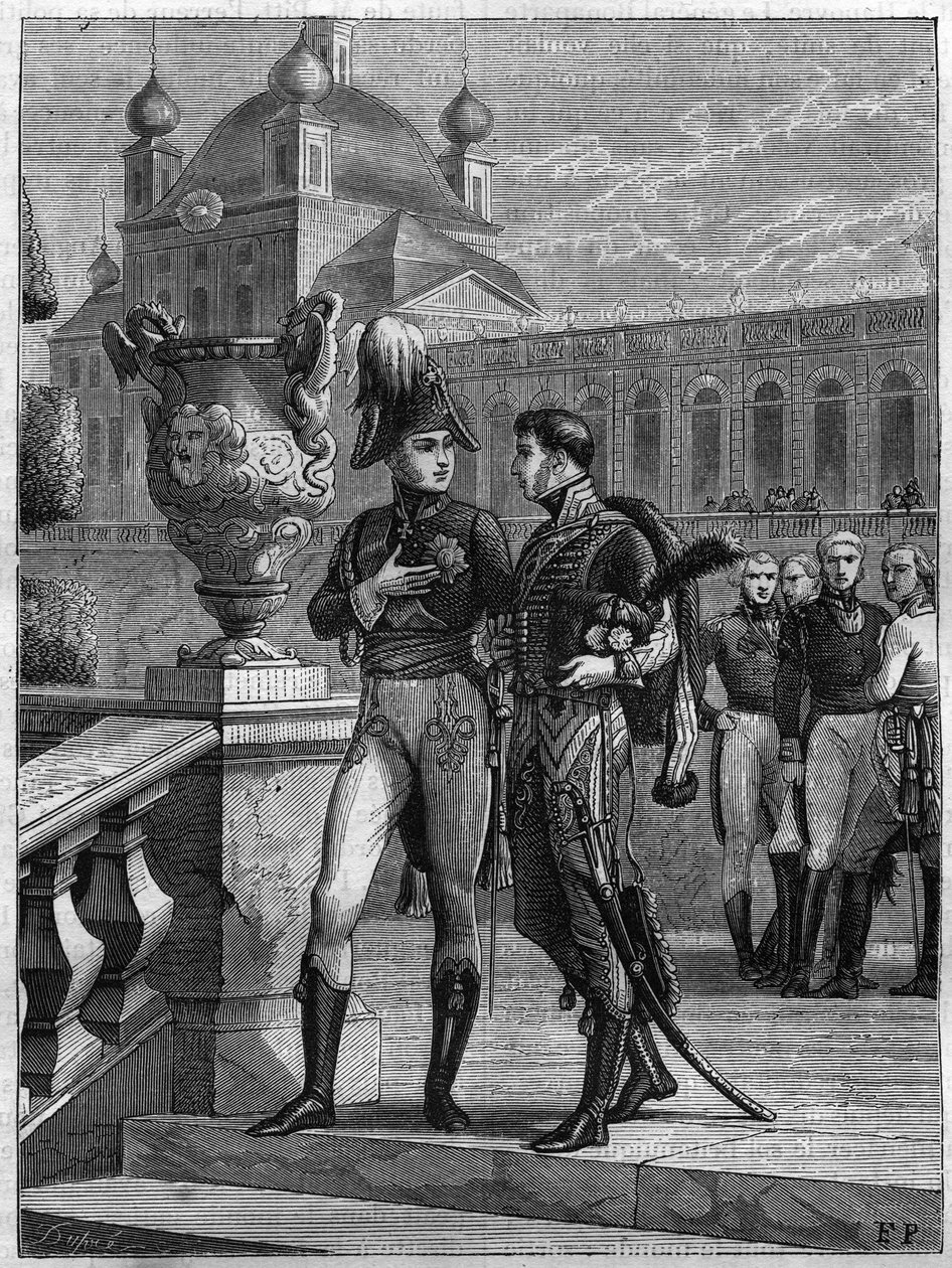 Interview von Alexander I. von Russland (1777-1825) und Michel Duroc (1772-1813) in Sankt Petersburg im April 1801 - Gravur von 1865 in „Histoire du Consulate et de l