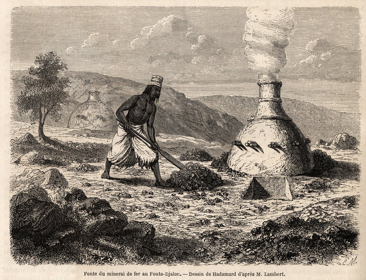 セネガル、フータ・ジャロンでの鉄鉱石製錬。1860年、ランベール中尉のフータ・ジャロンへの旅を説明するためのハダマールによるデッサン。1861年の "Le tour du monde "に掲載されたエングレーヴィング。セルヴァのコレクション。 作： フランス語学校