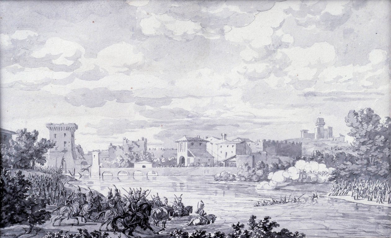 イタリアの田園地帯：1796年、ミンチオ川をボルゲットへ抜けるフランス軍。匿名のデッサン。パリ、ルーヴル美術館 作： フランス語学校