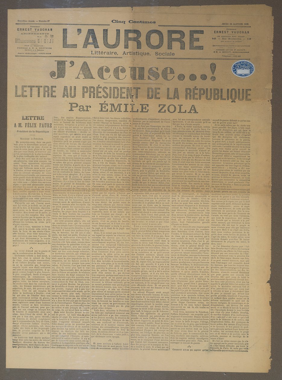 1898年1月13日、LAuroreで発行されたEmile Zola（1840-1902）によるJAccuseの手紙（印刷） 作： フランス語学校
