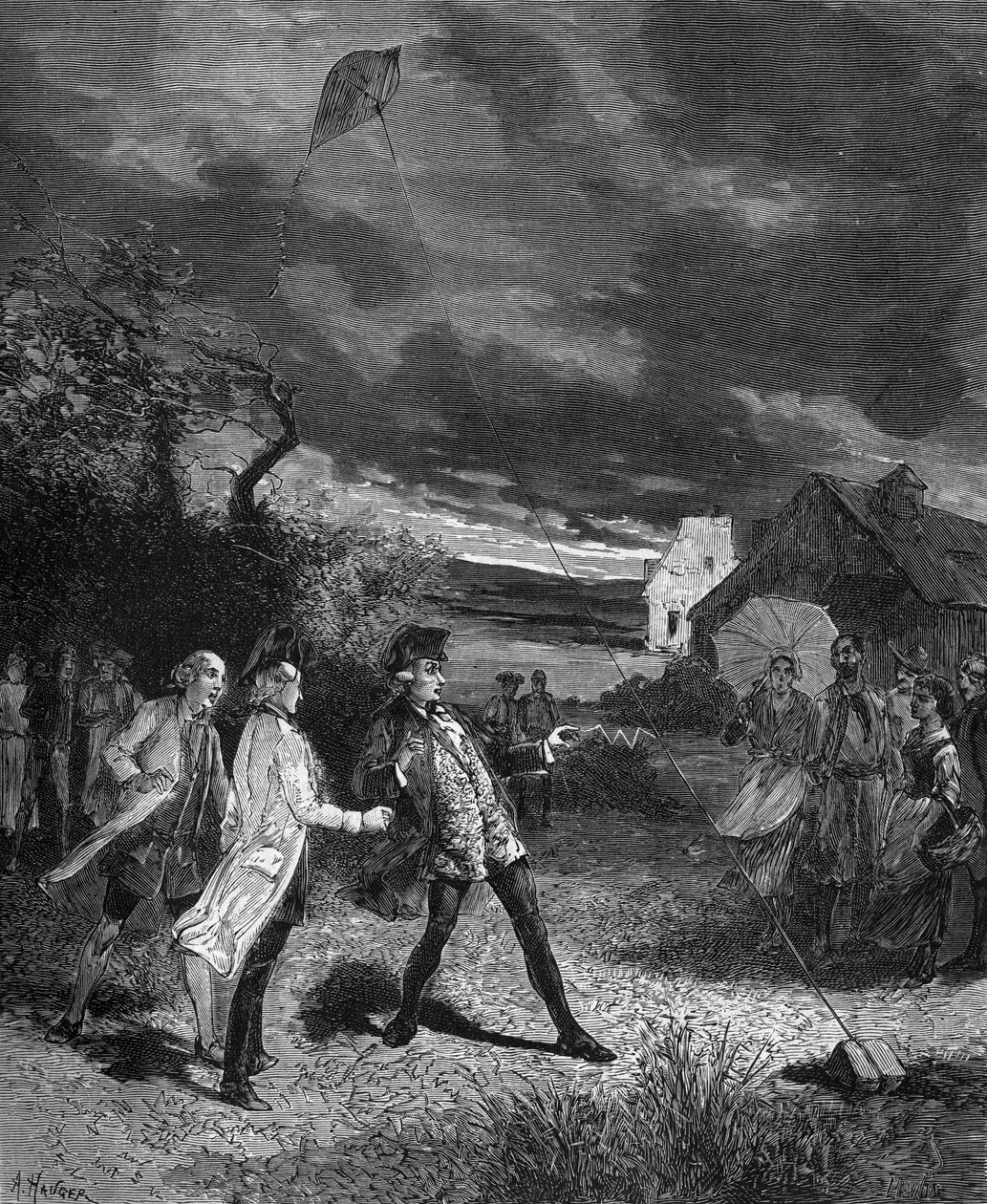 ジャック・ド・ロマス（1713-1776）はフランスの物理学者で、1752年に凧を使って大気中の電気を捉える実験を行った。 作： フランス語学校