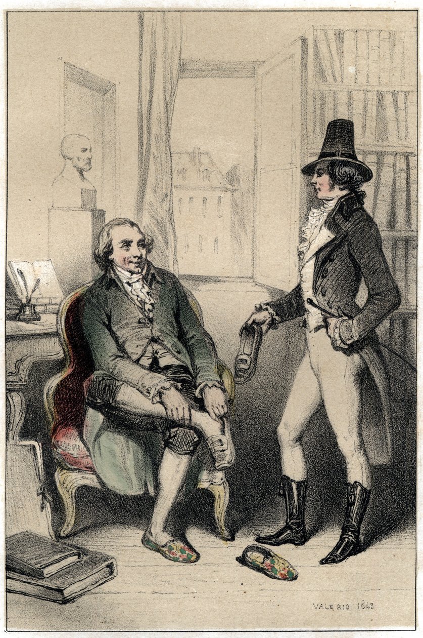 フランスの詩人ジャック・ディ・ラベ・デリーユ(1738-1813)は、友人の一人にキャビネットの鍵を強制的に開けるように頼んだり、妻が彼の靴に鍵をかけたりして、彼を外に出さずに仕事をさせるようにしている。Scenes de la vie des hommes famous "のエングレーヴィングから抜粋したプレート。 作： フランス語学校