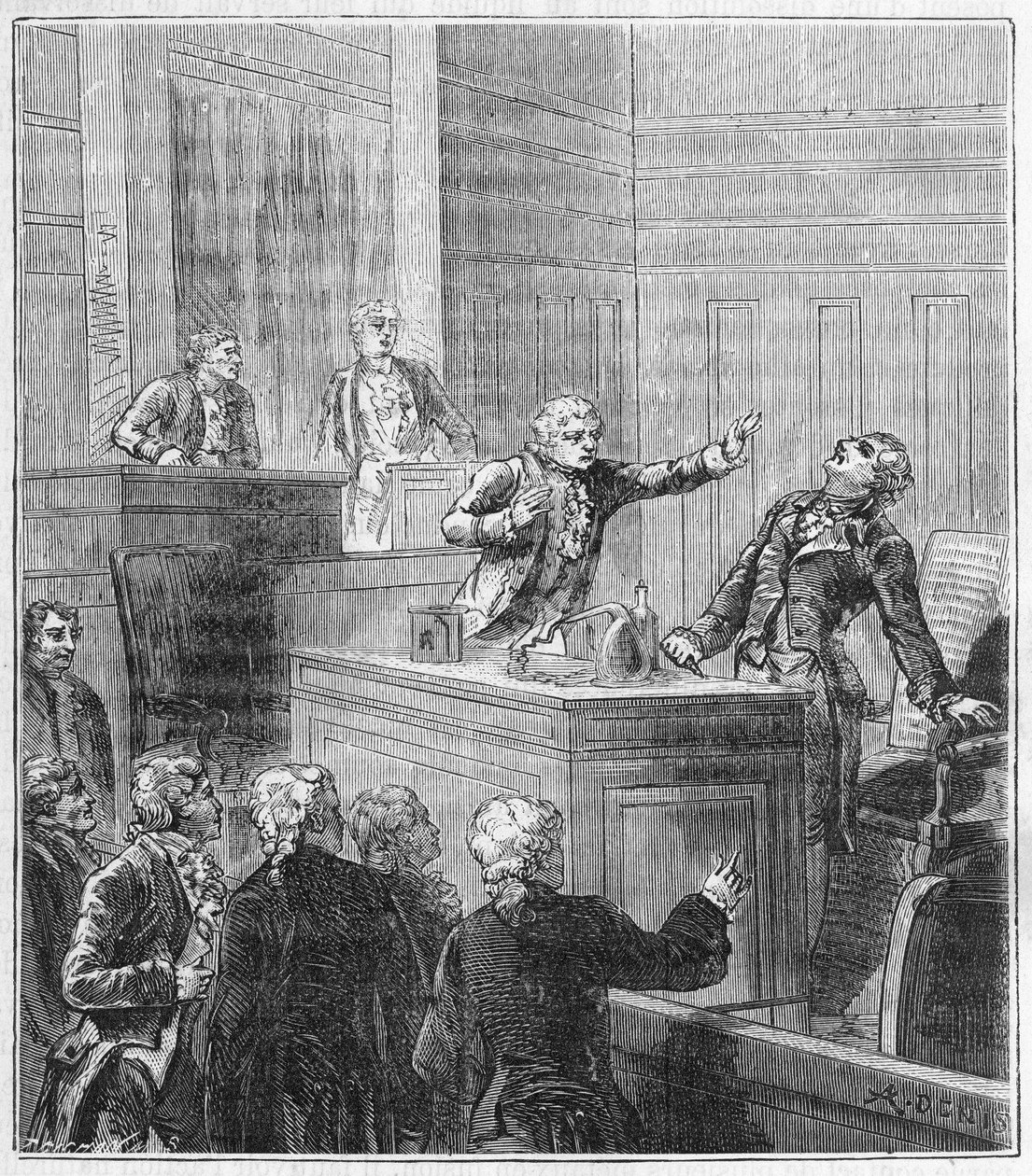 ジェームズ・プライス（1752-1783）は、王立協会の集会中に自分を毒殺した（プルシアン酸）。アレクシス・クレール著「万人のための科学-物理学と化学」に掲載された版画（19世紀末）。19世紀末 個人蔵 作： フランス語学校