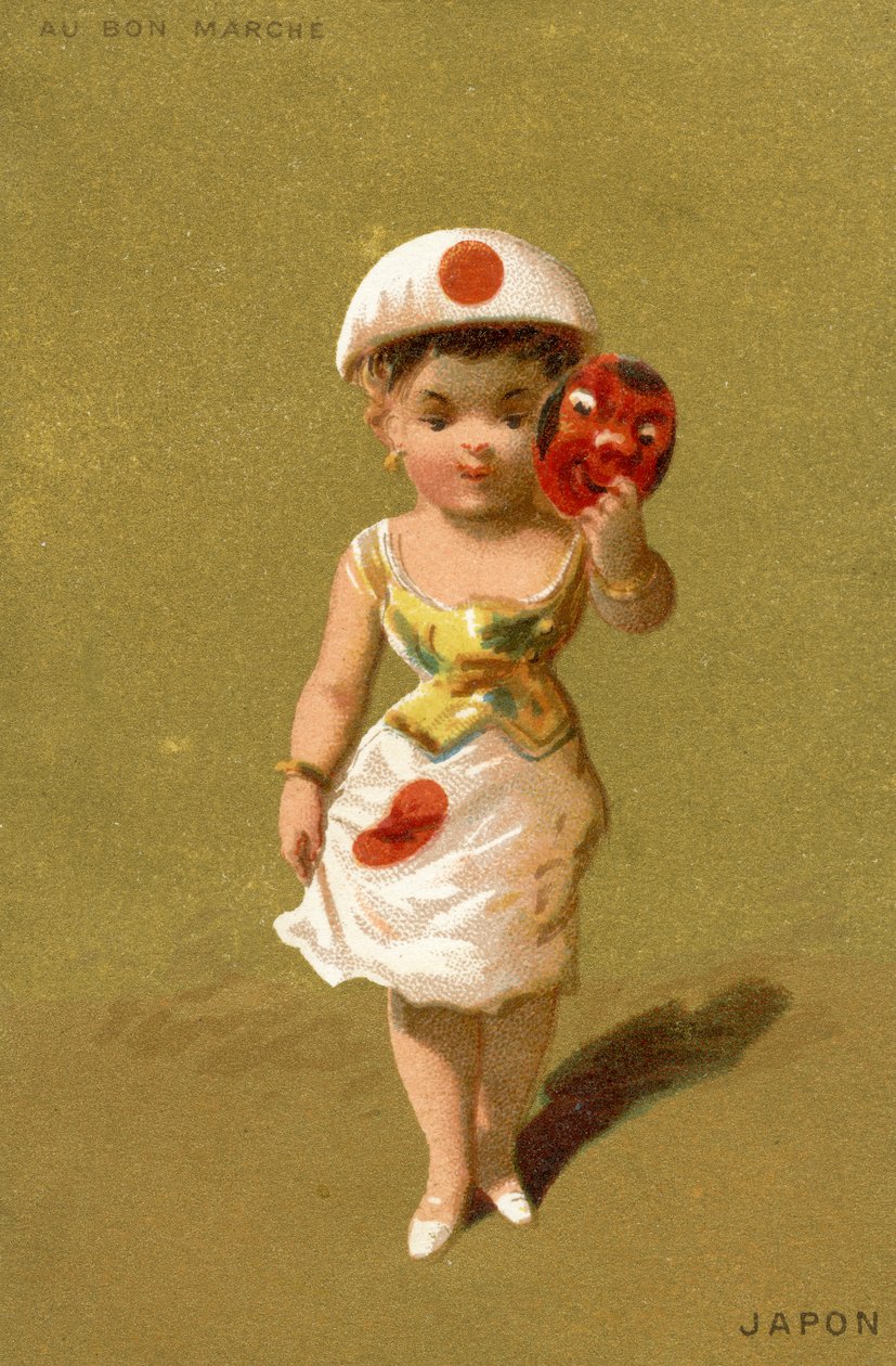 1890年頃、パリのボンマルシェ百貨店のプロモーションカードとして制作された、さまざまな国の子供たちの一連のイラストの日本人の女の子 作： フランス語学校
