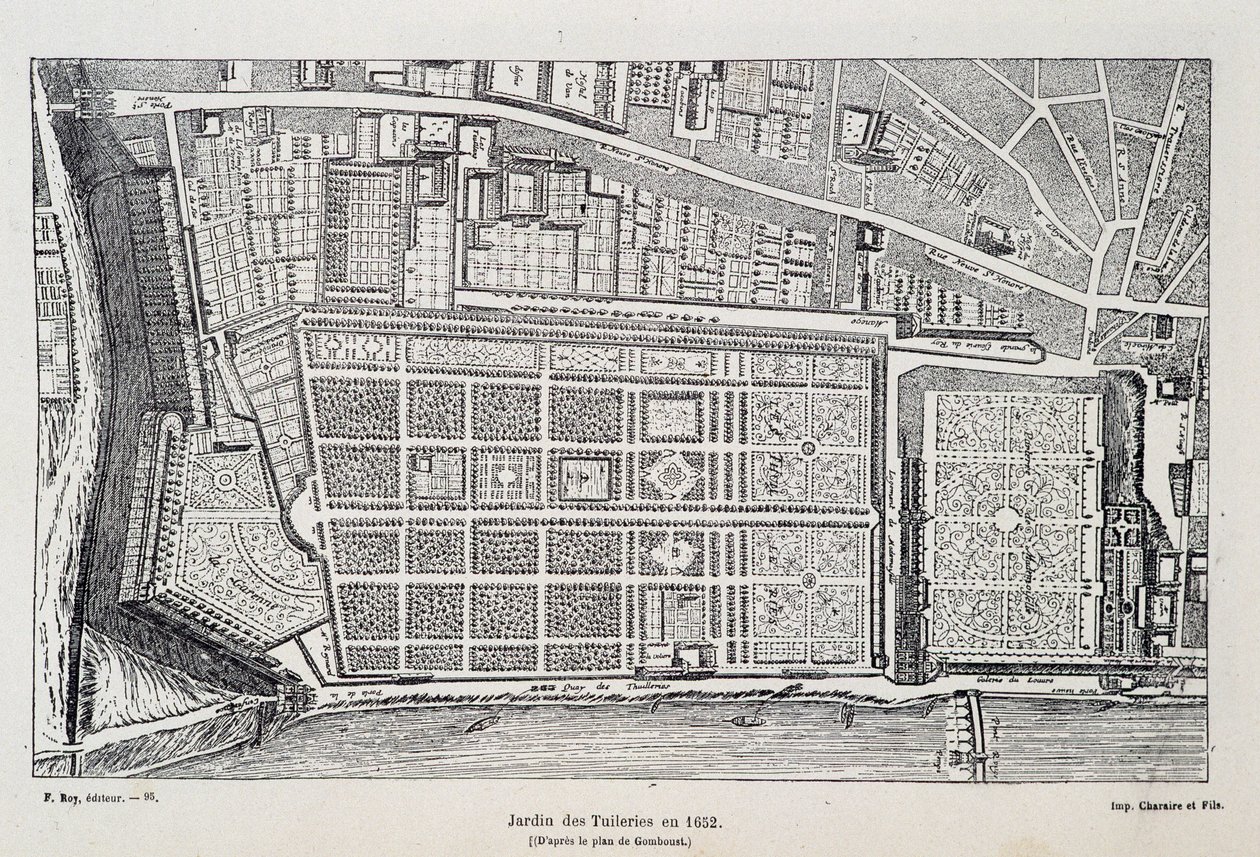 1652年のチュイルリー公園（ゴンブーストの設計図に基づく） - H. Gourdon de Genouillac, ed. F Roy, "Paris a travers les siècles "にてF. Roy, Paris 作： フランス語学校