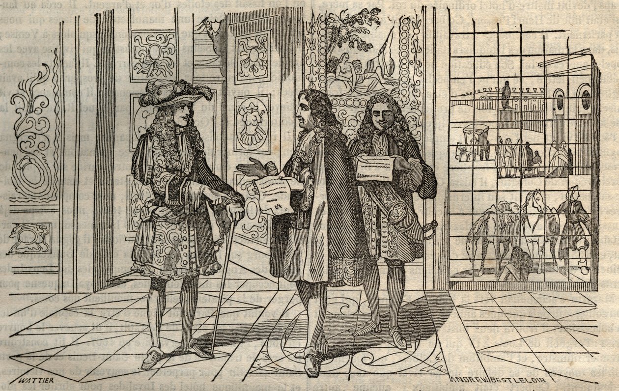 ジャン・バティスト・コルベール（Jean-Baptiste）（1619-1683）がヴェルサイユでルイ14世とフランソワ・ルヴォワ（1641-1691）と会談している様子 - ルクレールの後に彫られている - 。 作： フランス語学校