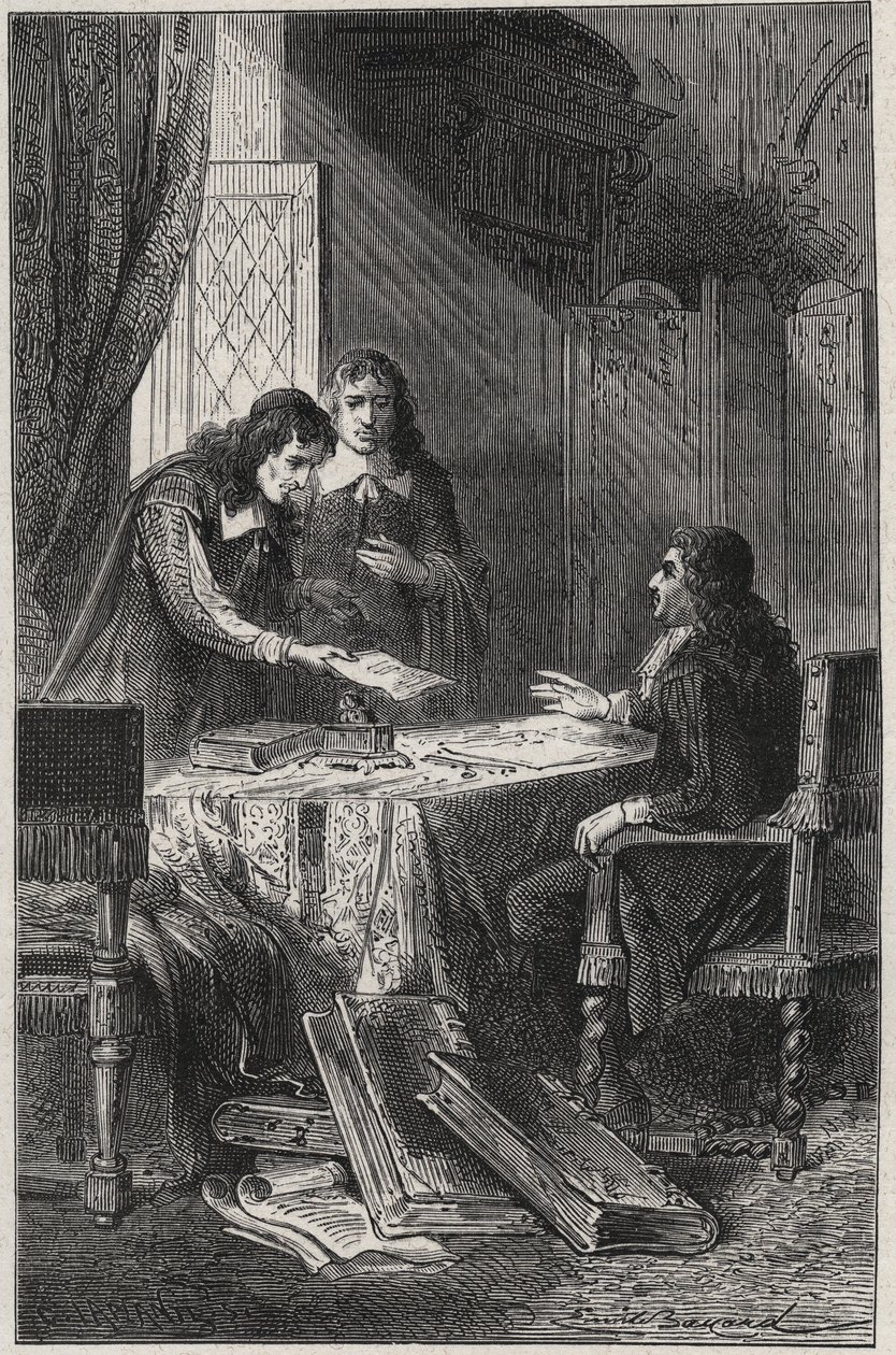 Jean Chapelain (1595-1674) フランスの詩人・文芸評論家、Pierre Costar (1603-1660)がJean Baptiste Colbert (1619-1683)に国王から年金をもらうに値する作家のリストを渡した-Louis Dumas 18の "Les Hommes Celebres de la France "に掲載されている彫刻。 作： フランス語学校