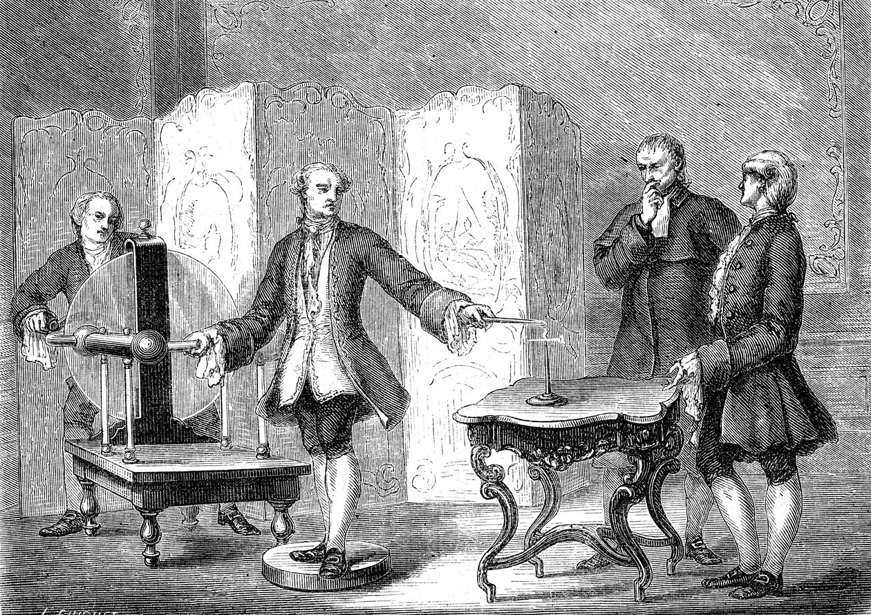 ジャン・ジャラベール（1712-1768）、スイスの物理学者、鋭利な物体に電気を通すことを発見（フランクリンによる「ポワントの力」）。 作： フランス語学校