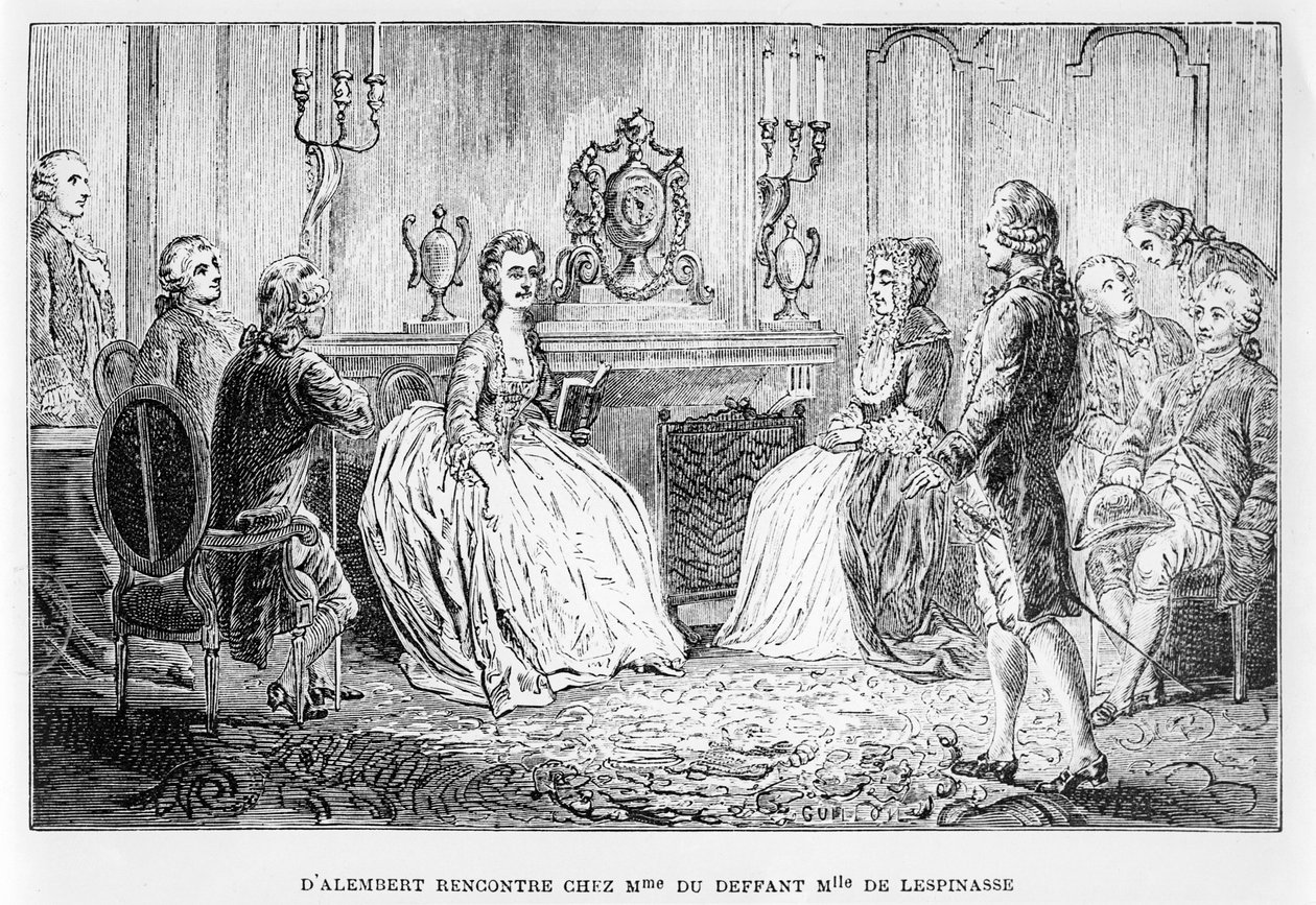 ルイフィギエ作のヴィーデサバントイラストからのMme du DeffantとMlle de LespinasseのサロンでのJean le Rond dAlembert 作： フランス語学校