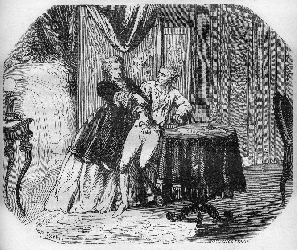 プレ侯爵夫人ジャンヌ・アグネス・ベルテロット・ド・プレモン（1698-1727）は、恋人であるブルボン公爵兼コンデ公爵ルイ・アンリに、彼女の崇拝者全員を聖霊の騎士（聖霊の騎士団）と名付けることを義務づけた。売春の歴史a」からのエングレーヴィング。 作： フランス語学校