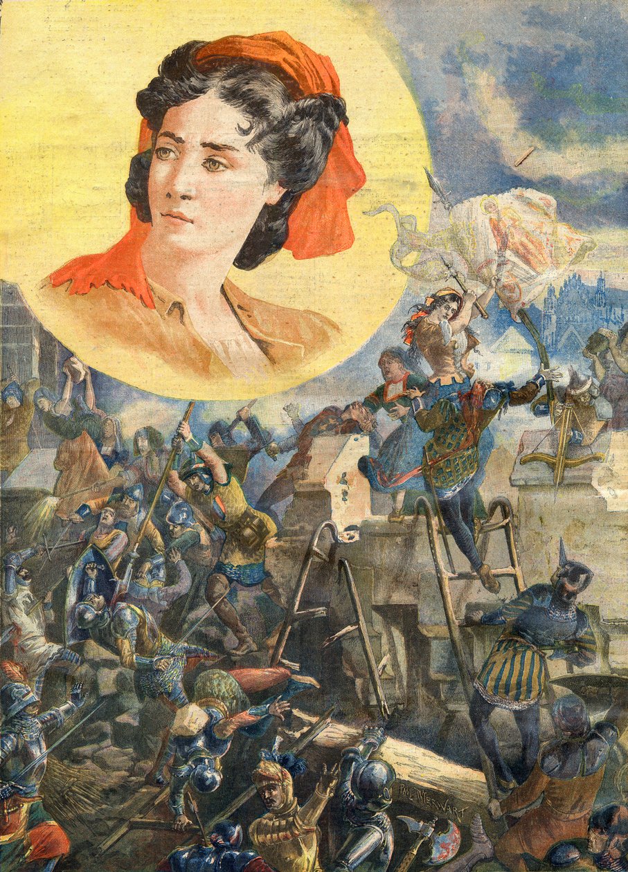 Jeanne Laisne (1456-) , Jeanne Fourquetとして知られ、Jeanne Hachetteの愛称で呼ばれたHeroine francaise - Jeanne Hachette at Siege of Beauvais 1472 - Le petit Journal, 8 January 1894のためのイラスト。 作： フランス語学校