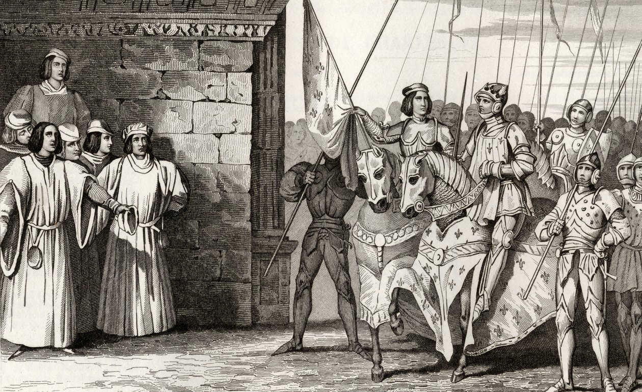 ジョアンオブアーク（1412-31）が1429年にレームスに到着し、1840年に出版されたコラートの「フランスの歴史」からのチャールズ7世（1403-61）の戴冠式に出席します。 作： フランス語学校