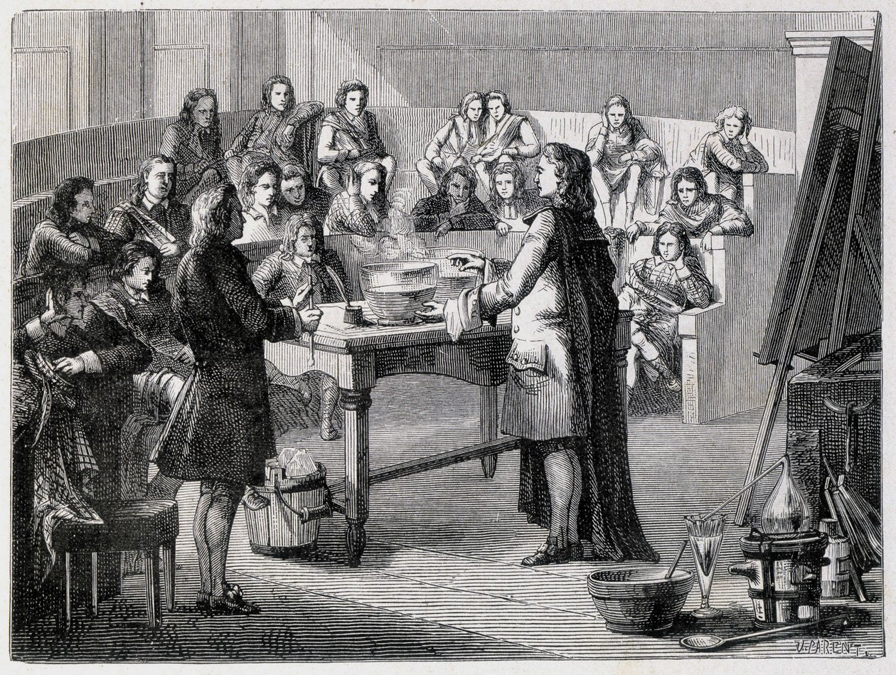 イギリスの化学者・物理学者であるジョセフ・ブラック（1728～1799）は、グラスコウ大学の学生たちの前で潜熱を体験する。 作： フランス語学校