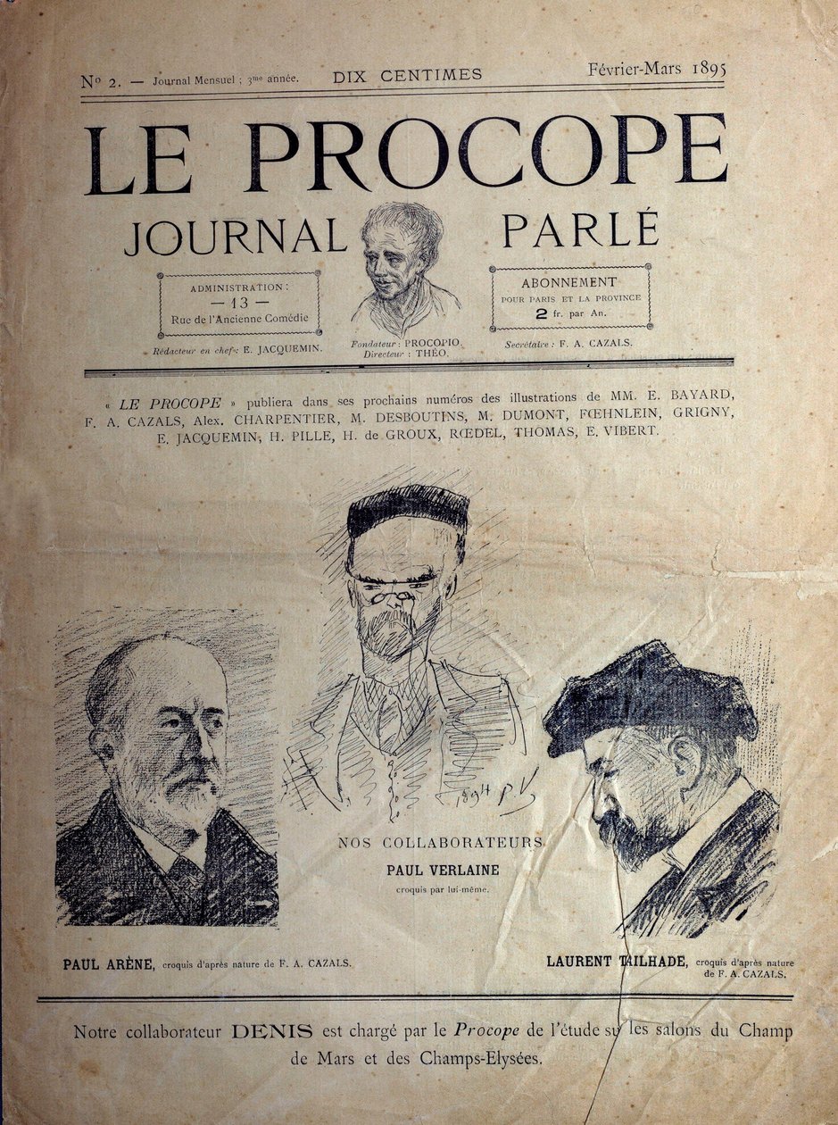 1895年2月、パリのカフェ「ジャーナル・デュ・プロープ」：フランスの詩人ポール・ヴェルレーヌ、ポール・アレーヌ、ローラン・タイラードの肖像画。 作： フランス語学校