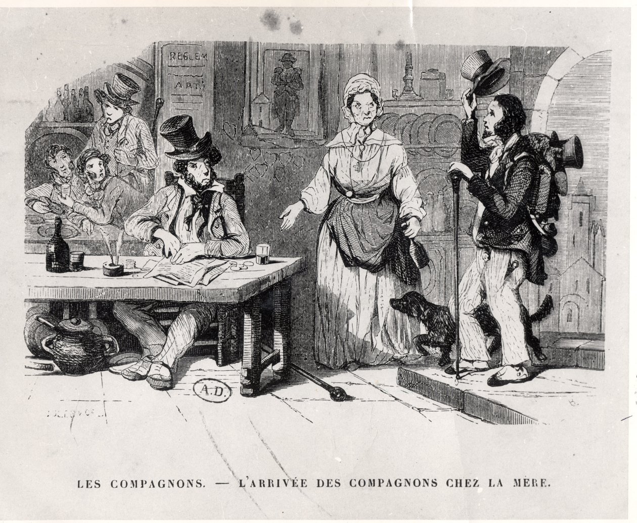 下宿に到着した旅人c。 1850 作： フランス語学校