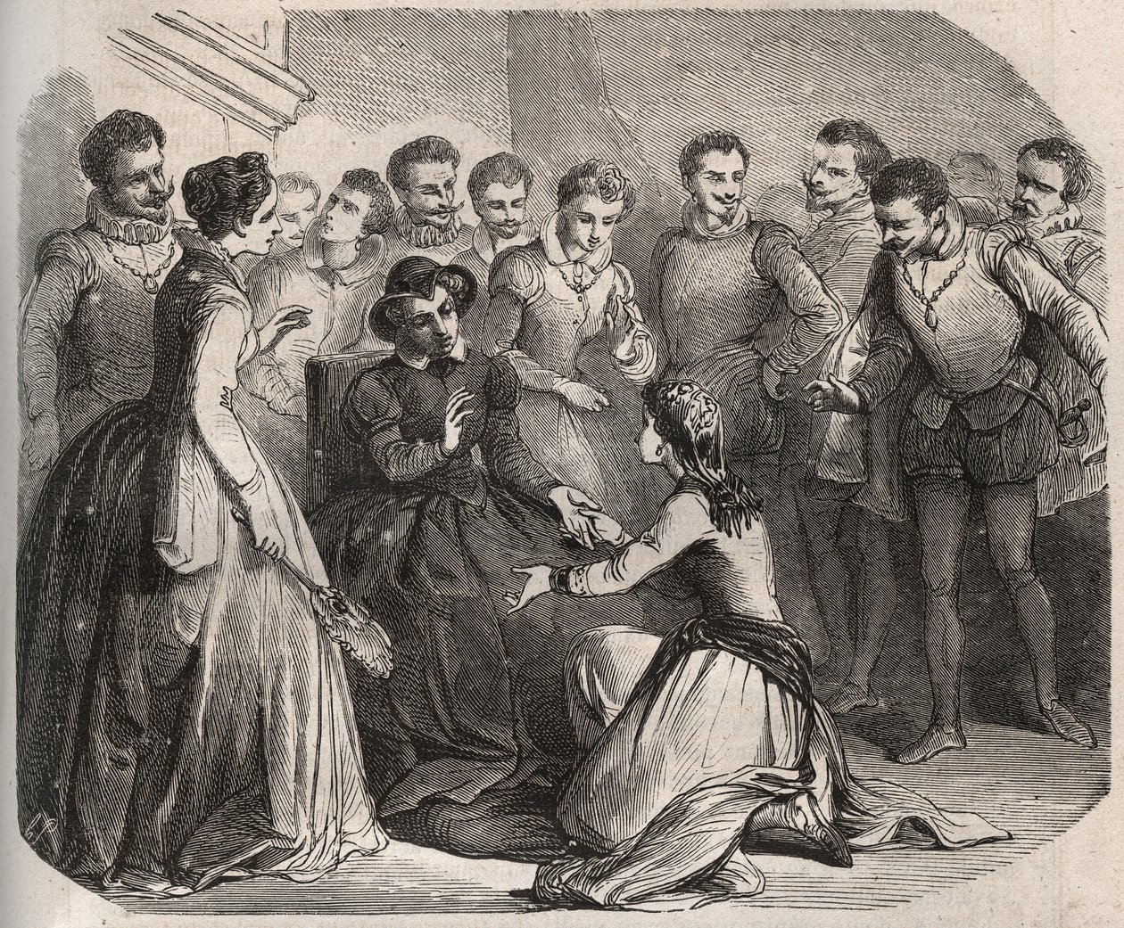 ジュリータ・グァニーニは、王妃カトリーヌ・ド・メディシス（カテリーナ・ド・メディチ）（1519-1589）に頼んで、彼女を自分のもとに連れて行きました。彼女はルイ・ド・ビュッシー・ダンボワーズ（1549-1579）の恋人となった。ヘンリー・デ・コック（1819-1892）の「Histoire Des Cocus Celebres」に掲載されている1871年のエングレーヴィング。 作： フランス語学校