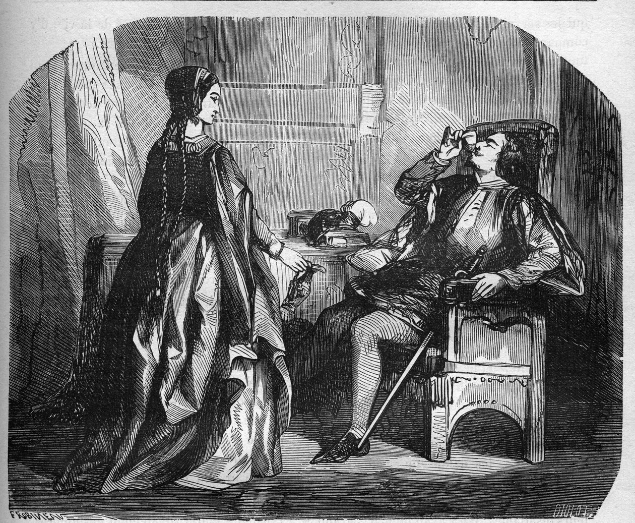 フランス王シャルル6世（シャルル・ザ・グッド・エイム、その後シャルル・ザ・フォルと呼ばれた）（1368-1422）と愛人のオディネット（オデット）・ドゥ・シャンピエール。古代から現代までの世界のあらゆる民族における売春と放蕩の歴史」に掲載されているエングレービング。 作： フランス語学校