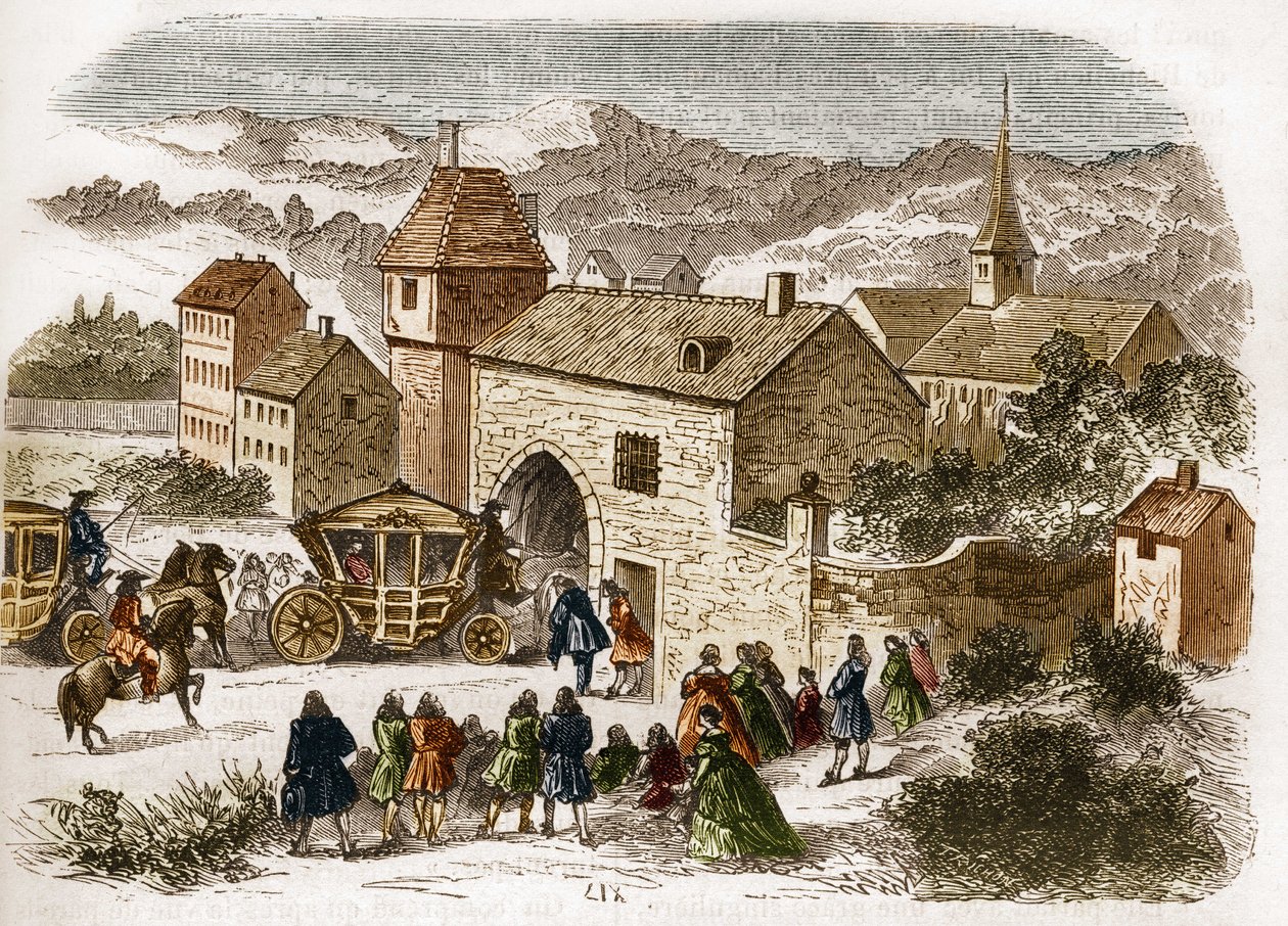1680年頃、ポート・ロイヤルにメル・ド・フォンタンジェ（1661-1681）を訪ねるルイ14世（1638-1715）の姿。古代から現代までの世界のすべての民族における売春と放蕩の歴史」に掲載されているエングレーヴィング。-F.Debrayによる "The history of prostitution and debuche among all peoples from antiquates to the present day "の版画。1879. 作： フランス語学校